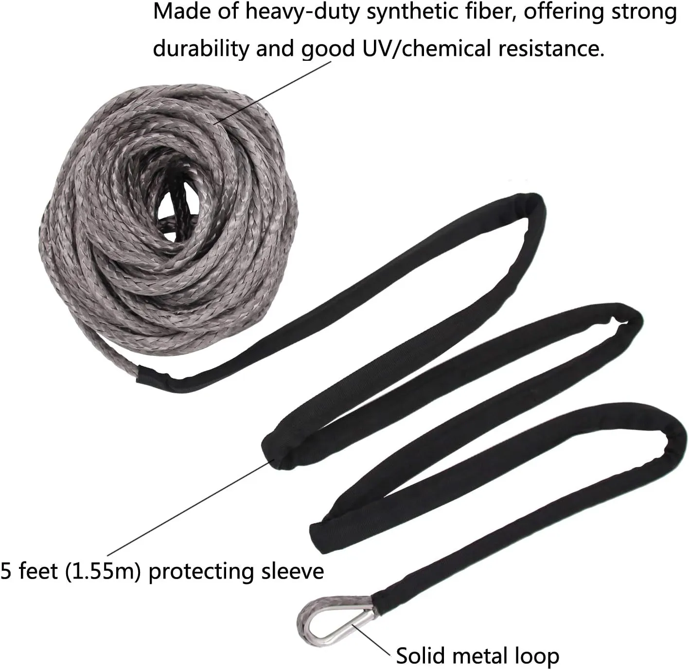 Ucreative 1/4 Inch x 50 Feet 10,000LBs Synthetic Winch Line Cable Rope with Black Protecing Sleeve for ATV UTV (Gray)