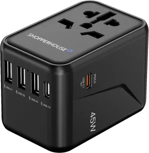 Universal Travel Adapter | 45W Fast Charger Type C Charging Block and Multi Plug | International Power Adapter with European Travel Plug