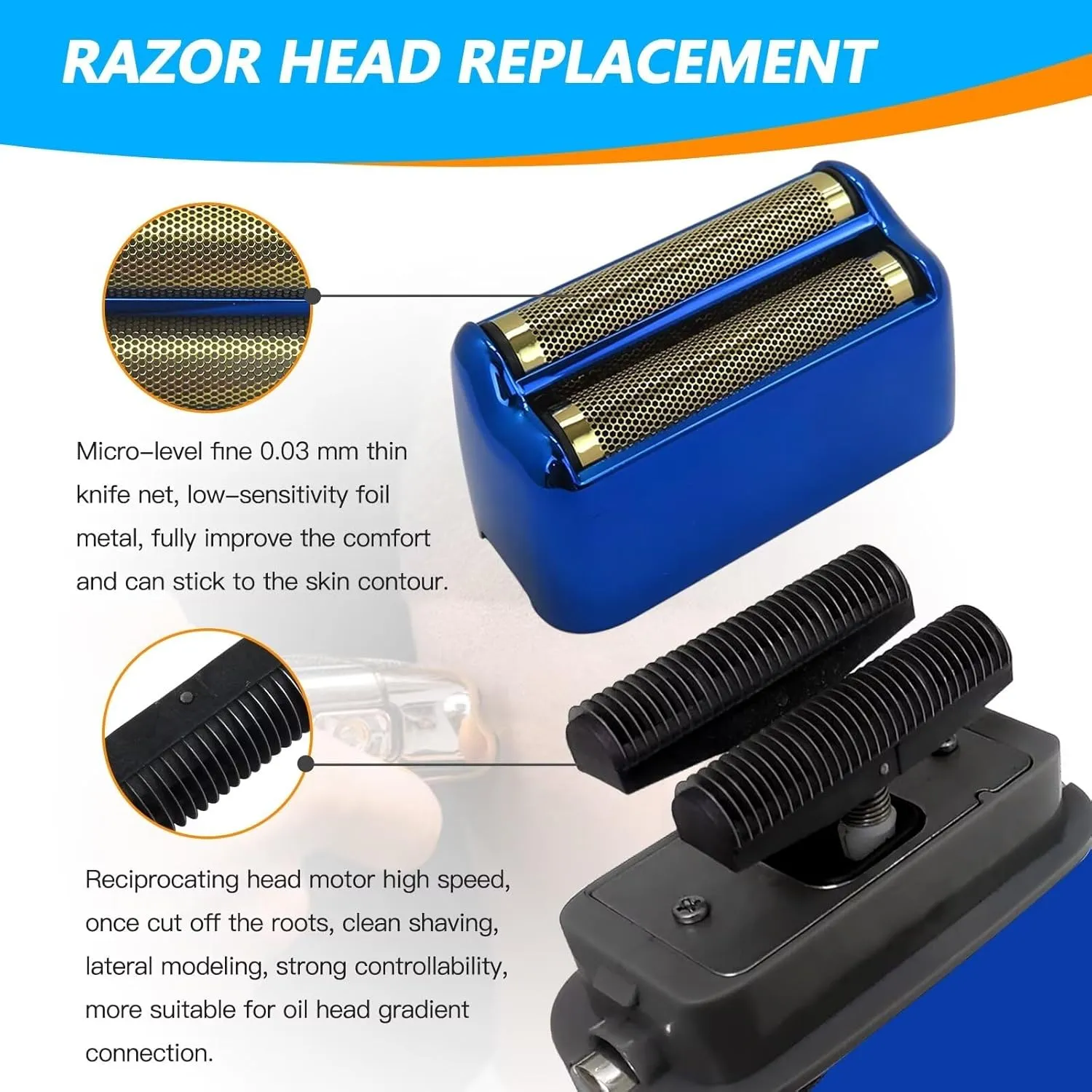 Updated Replacement Foil and Cutter for Barberology Electric Shaver, Double Foil Shaver Replacement Head, Replacement Head for Ba bylis PRO Barberology FXFS2 Electric Razors(Blue)