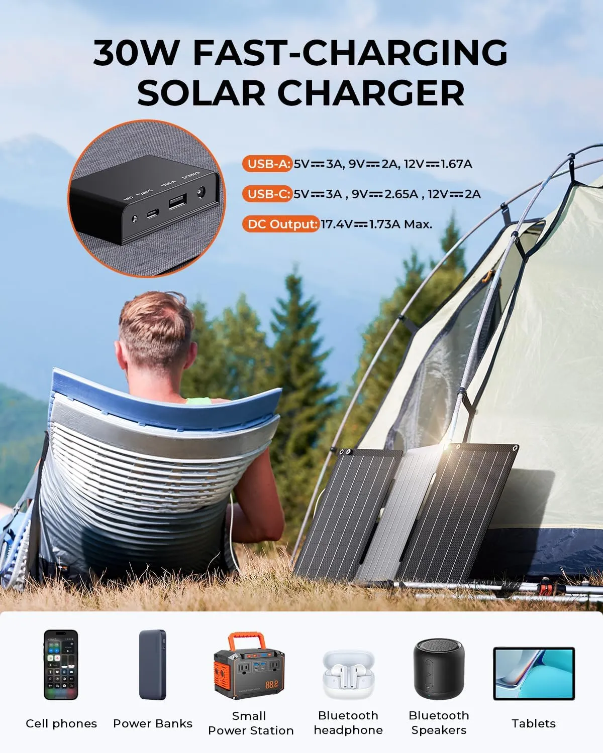 [Upgraded] BigBlue 30W Solar Panel Charger with Fast Charging USB-A and USB-C, DC Ports, SolarPowa 30 Portable Solar Panel, IP68 Waterproof, Compatible with iPhone, Samsung, iPad, Small Power Station