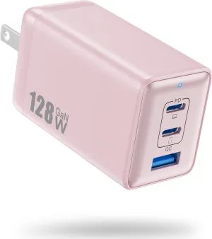USB C Charger 128W Wall Charger,(GaN III) 3 Port Fast Charging Station,65W Foldable Wall Charging Adapter for MacBook Pro/Air,HP,ThinkPad,Dell XPS,iPhone 15/14,Pro,iPad Pro/Air,Galaxy S23,Steam Deck