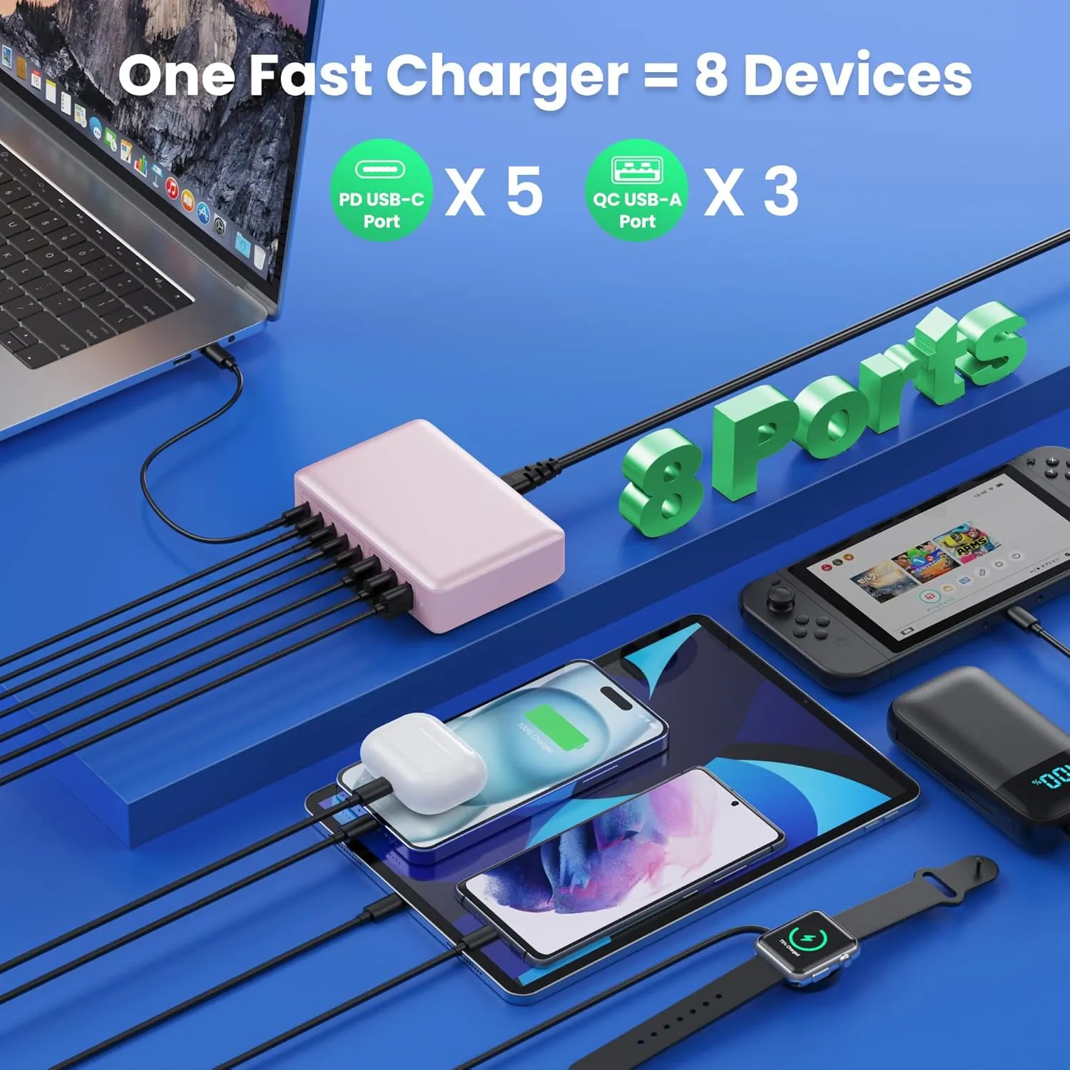 USB C Charger 300W USB C Charger Block GaN IV 8-Port Fast Charging Station Hub,Upgraded PD 100W USB Laptop Desktop Chargers Adapter for MacBook Pro/Air,DELL,Steam Desk,iPhone 16/15/14,Galaxy S25-Peach