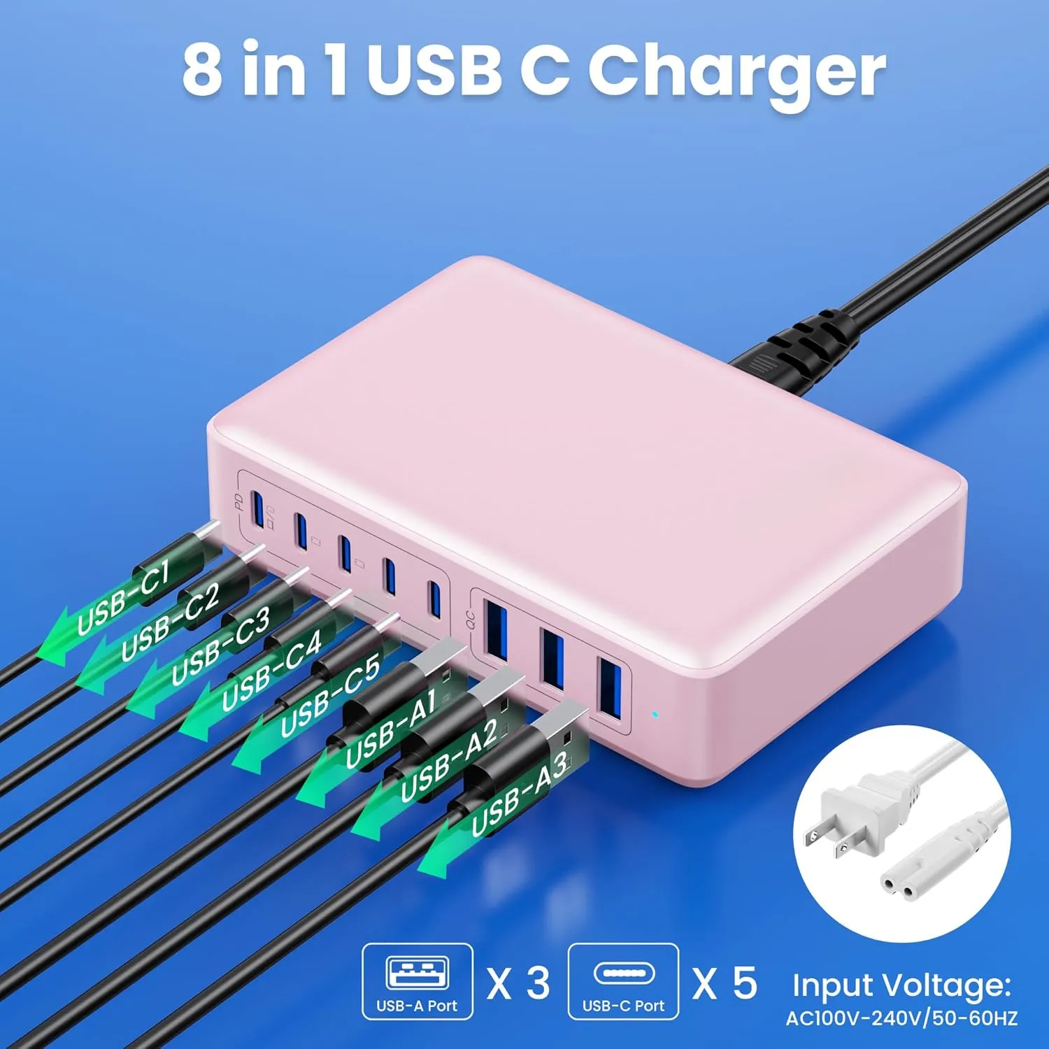 USB C Charger 300W USB C Charger Block GaN IV 8-Port Fast Charging Station Hub,Upgraded PD 100W USB Laptop Desktop Chargers Adapter for MacBook Pro/Air,DELL,Steam Desk,iPhone 16/15/14,Galaxy S25-Peach