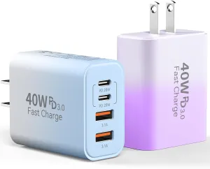 USB C Charger Block, 2Pack 40W 4 Ports Type C Fast Phone Charging Cubes PD USBC Wall Plug QC 3.0 USB A Charger Power Brick Box for iPhone 16/15/14/13/12/11 Pro Max, Galaxy,Gradient Purple Blue