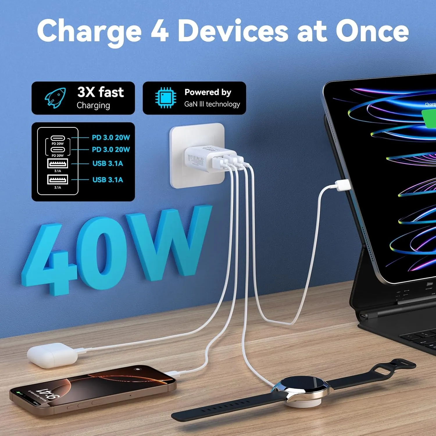 USB C Charger Block, 3Pack 40W 4 Ports Type C Fast Phone Charging Cubes PD 3.0 Wall Plug  QC 3.0 USB A Charger Power Brick Box for iPhone 16/15/14/13/12/11 Pro Max, iPad, Galaxy, Pixel,White