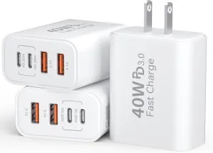 USB C Charger Block, 3Pack 40W 4 Ports Type C Fast Phone Charging Cubes PD 3.0 Wall Plug  QC 3.0 USB A Charger Power Brick Box for iPhone 16/15/14/13/12/11 Pro Max, iPad, Galaxy, Pixel,White