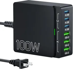 USB C Charger Block Charging Station: 100W 6 Port GaN Fast Charging Brick Hub Cube Box - PD 3.0 Type C & USB A Wall Charger Power Adapter for All iPhone iPad Samsung Android Pixel Series