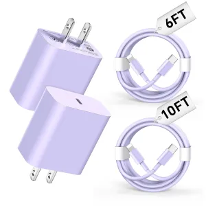 USB C Charger Compatible with i Phone Chargerr 2Pack 6/10FT Fast Charging Cable with 20W Type C Wall Phone Charger Compatible with i Phone 14/13/12/11/Pro/Pad/Pro/Max/Plus/XS/XR/X/SE/8 - Purple