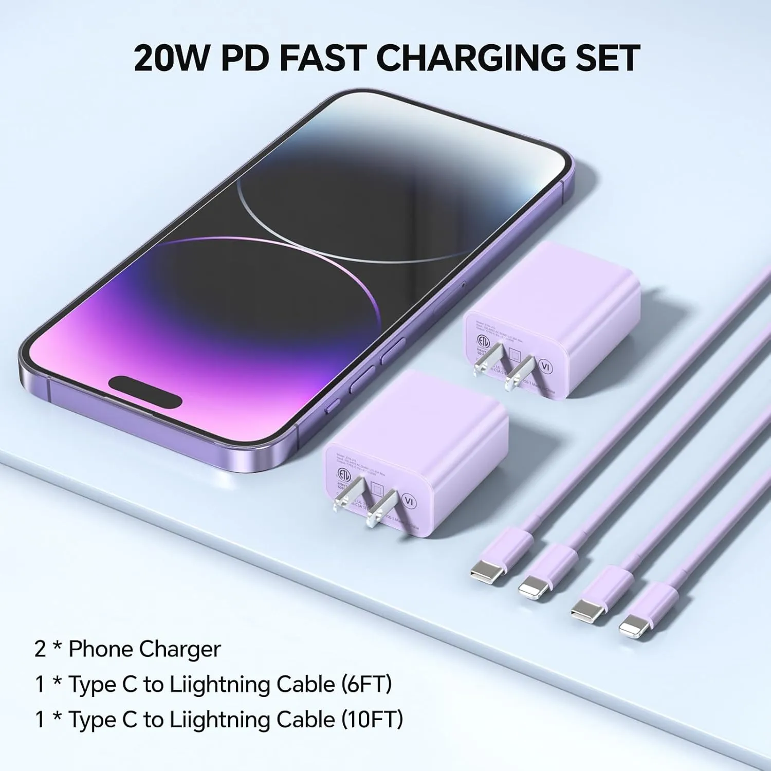 USB C Charger Compatible with i Phone Chargerr 2Pack 6/10FT Fast Charging Cable with 20W Type C Wall Phone Charger Compatible with i Phone 14/13/12/11/Pro/Pad/Pro/Max/Plus/XS/XR/X/SE/8 - Purple