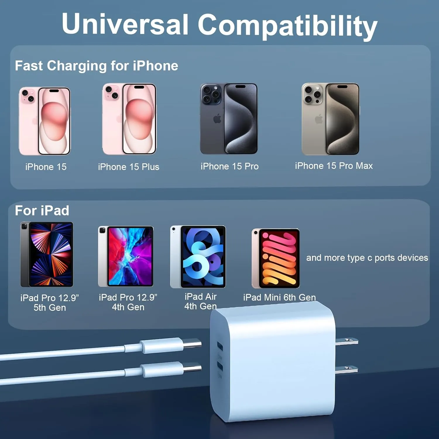 USB C Charger for iPhone 16/15 Pro Max, 20W Dual Port USB C Fast Charger Block with 10FT Long USB C to C Fast Charging Cord Cable for iPhone 16 15 Pro Max/16 15 Pro/16 15/16 15 Plus,Android Phone