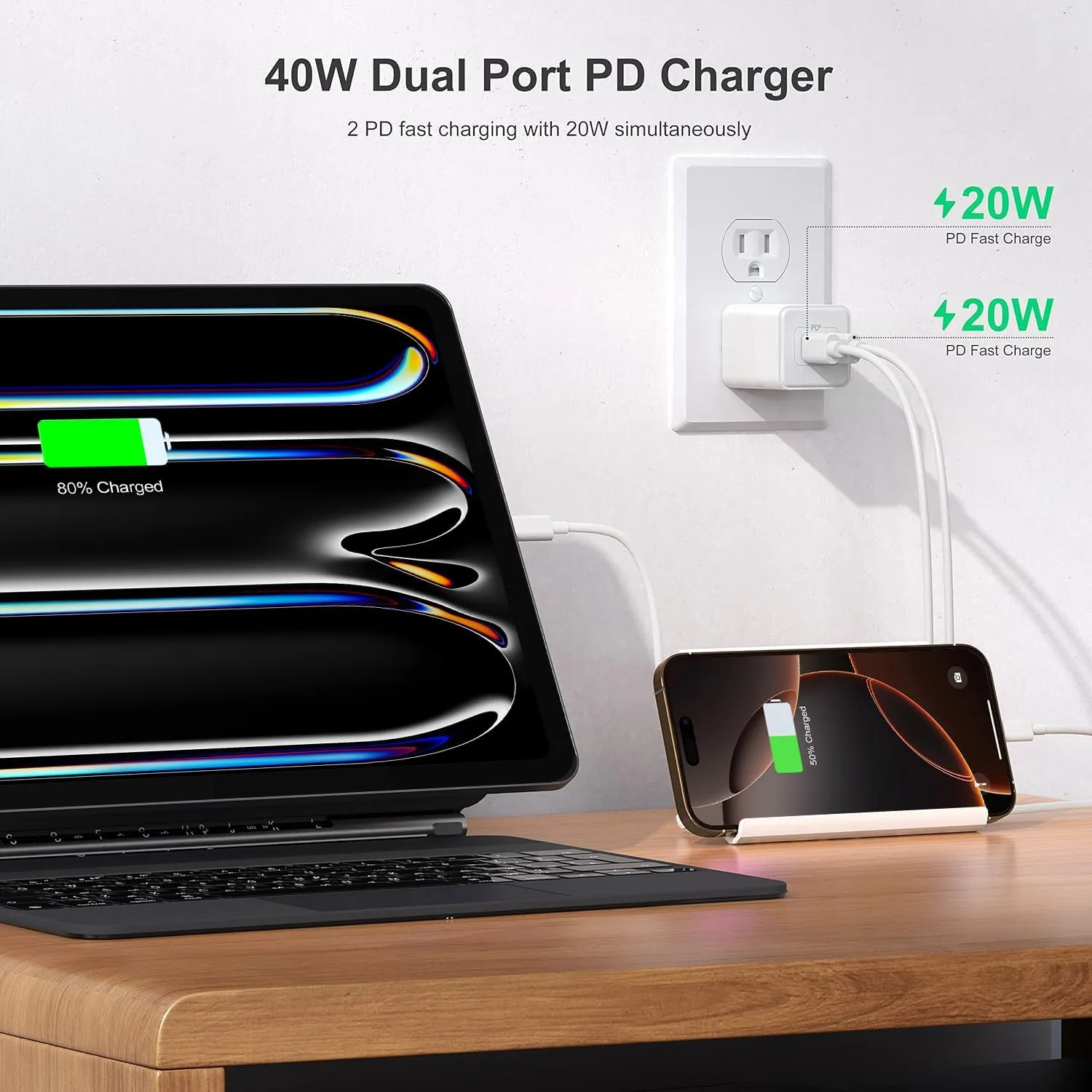 USB C Wall Charger 40W, 1 Pack Dual Port 20W PD 3.0 Type C Fast Charging Block, Durable Compact Power Adapter for iPhone 11/12/13/14/15/16/ Pro Max, AirPods4，watch10 ultra2