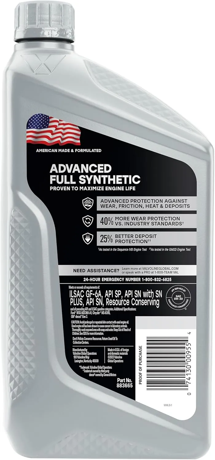 Valvoline Advanced Full Synthetic SAE 5W-30 Motor Oil 1 QT, Case of 6