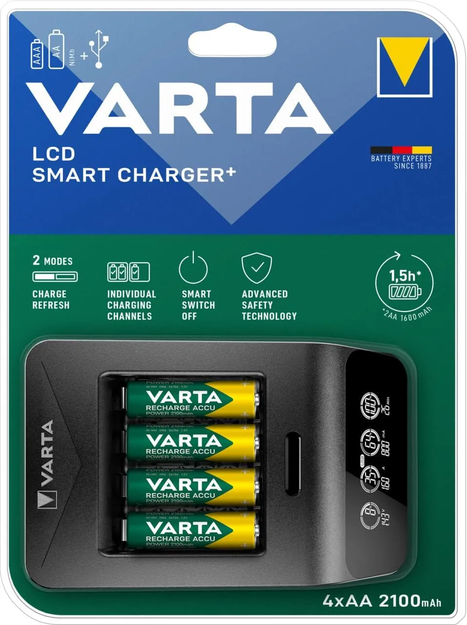 Varta Smart Charger for AA/AAA Rechargeable Batteries Included USB Port/4 AA Batteries 2100mAh