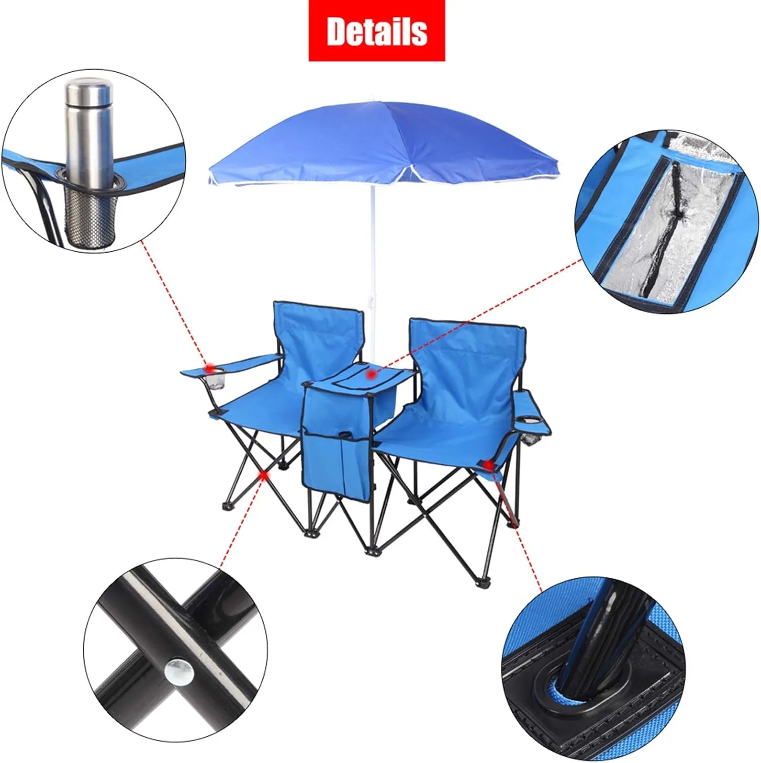 Vasitelan Double Camping Chair with Umbrella, Folding Loveseat Chairs w/Canopy Shade, Carrying Bag, Table, Cup Holder, Portable Beach Chairs Outdoor Picnic Patio (Blue)