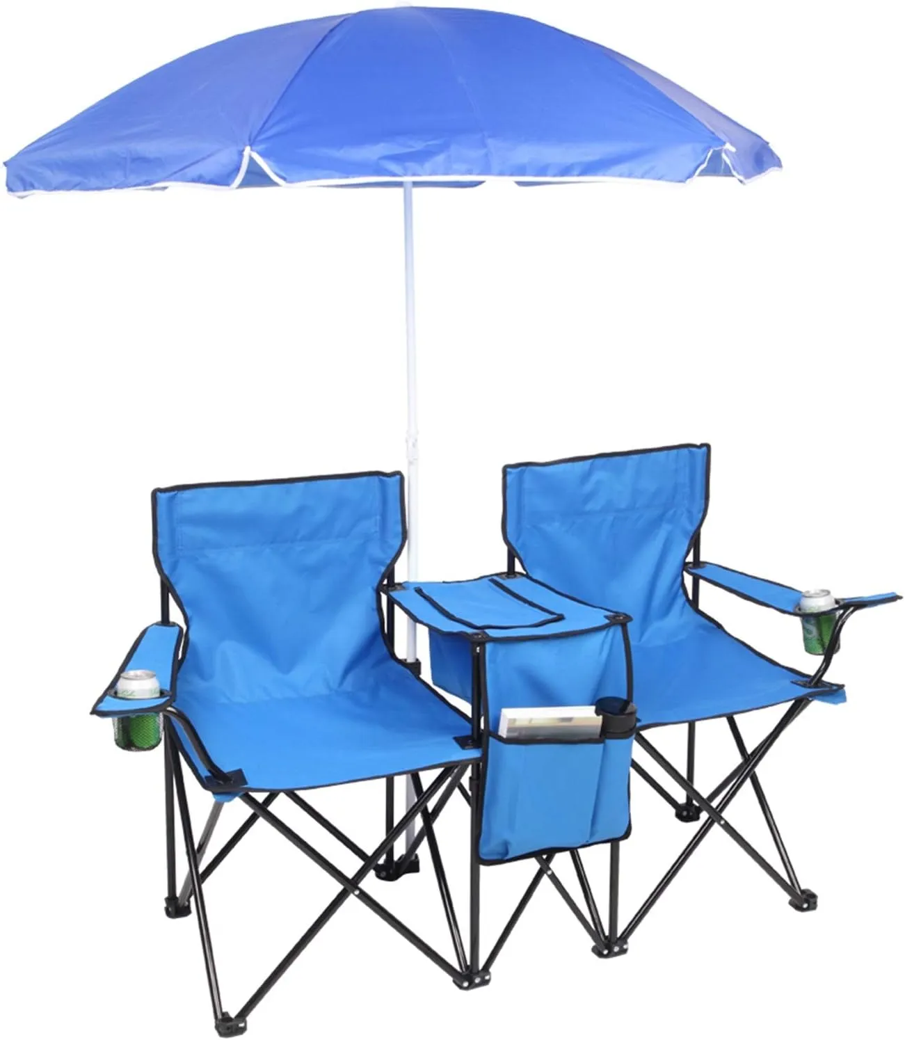 Vasitelan Double Camping Chair with Umbrella, Folding Loveseat Chairs w/Canopy Shade, Carrying Bag, Table, Cup Holder, Portable Beach Chairs Outdoor Picnic Patio (Blue)