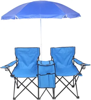 Vasitelan Double Camping Chair with Umbrella, Folding Loveseat Chairs w/Canopy Shade, Carrying Bag, Table, Cup Holder, Portable Beach Chairs Outdoor Picnic Patio (Blue)