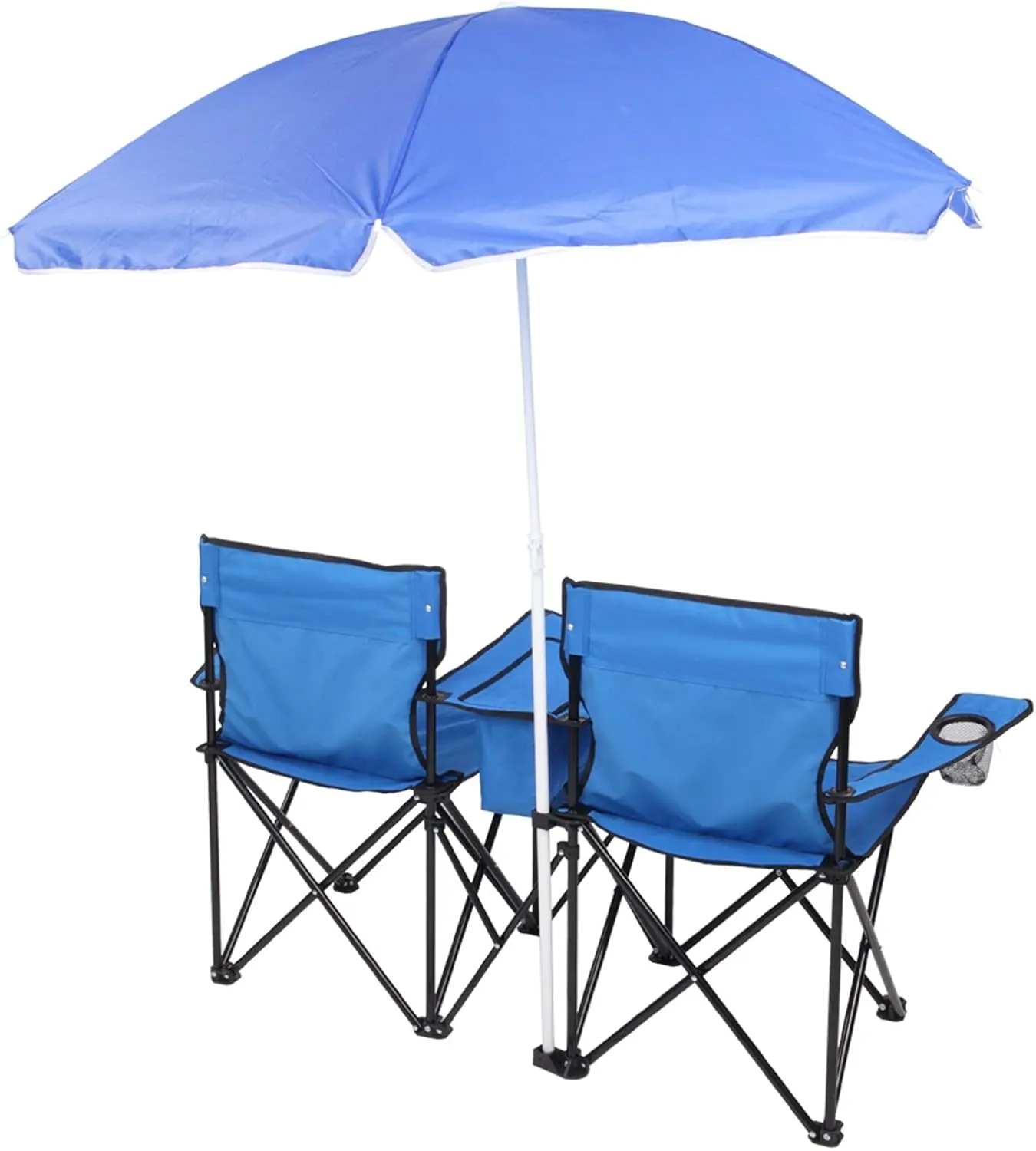 Vasitelan Double Camping Chair with Umbrella, Folding Loveseat Chairs w/Canopy Shade, Carrying Bag, Table, Cup Holder, Portable Beach Chairs Outdoor Picnic Patio (Blue)