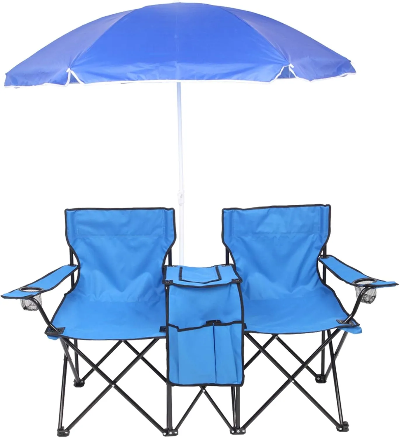 Vasitelan Double Camping Chair with Umbrella, Folding Loveseat Chairs w/Canopy Shade, Carrying Bag, Table, Cup Holder, Portable Beach Chairs Outdoor Picnic Patio (Blue)