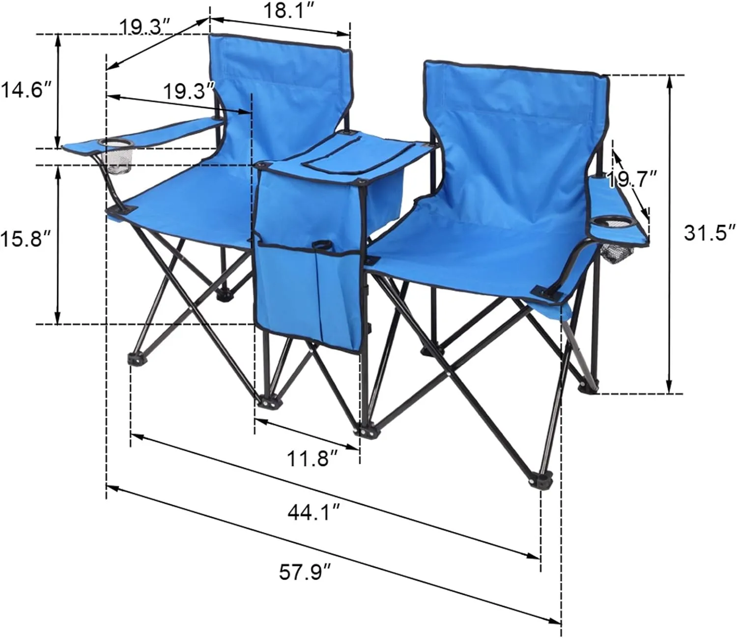 Vasitelan Double Camping Chair with Umbrella, Folding Loveseat Chairs w/Canopy Shade, Carrying Bag, Table, Cup Holder, Portable Beach Chairs Outdoor Picnic Patio (Blue)