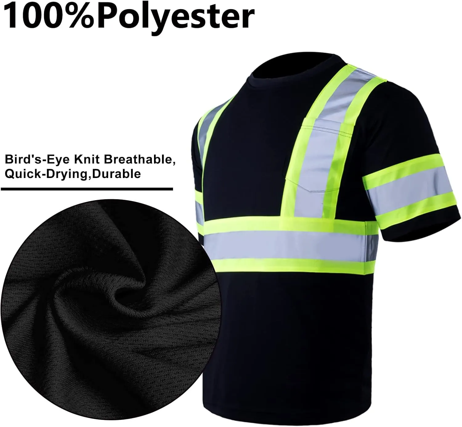 VENDACE Men's High Vis Class 2 Safety T Shirt ANSI Reflective Work Short Sleeve Shirt with Black Bottom(Black,L)