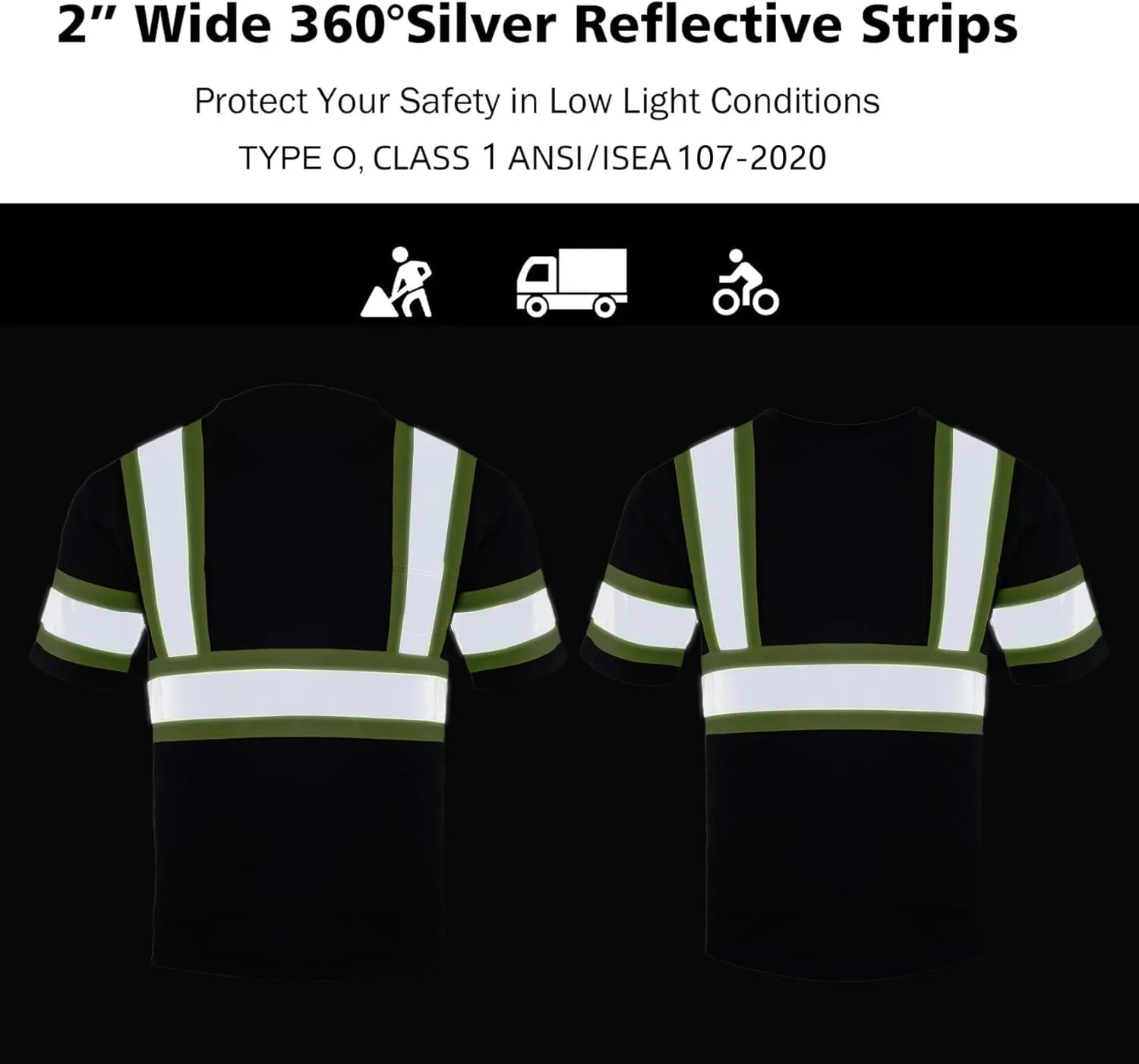 VENDACE Men's High Vis Class 2 Safety T Shirt ANSI Reflective Work Short Sleeve Shirt with Black Bottom(Black,L)