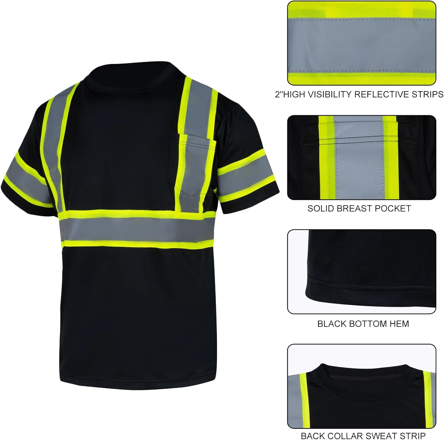 VENDACE Men's High Vis Class 2 Safety T Shirt ANSI Reflective Work Short Sleeve Shirt with Black Bottom(Black,L)