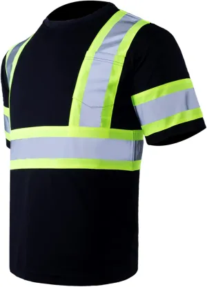 VENDACE Men's High Vis Class 2 Safety T Shirt ANSI Reflective Work Short Sleeve Shirt with Black Bottom(Black,L)