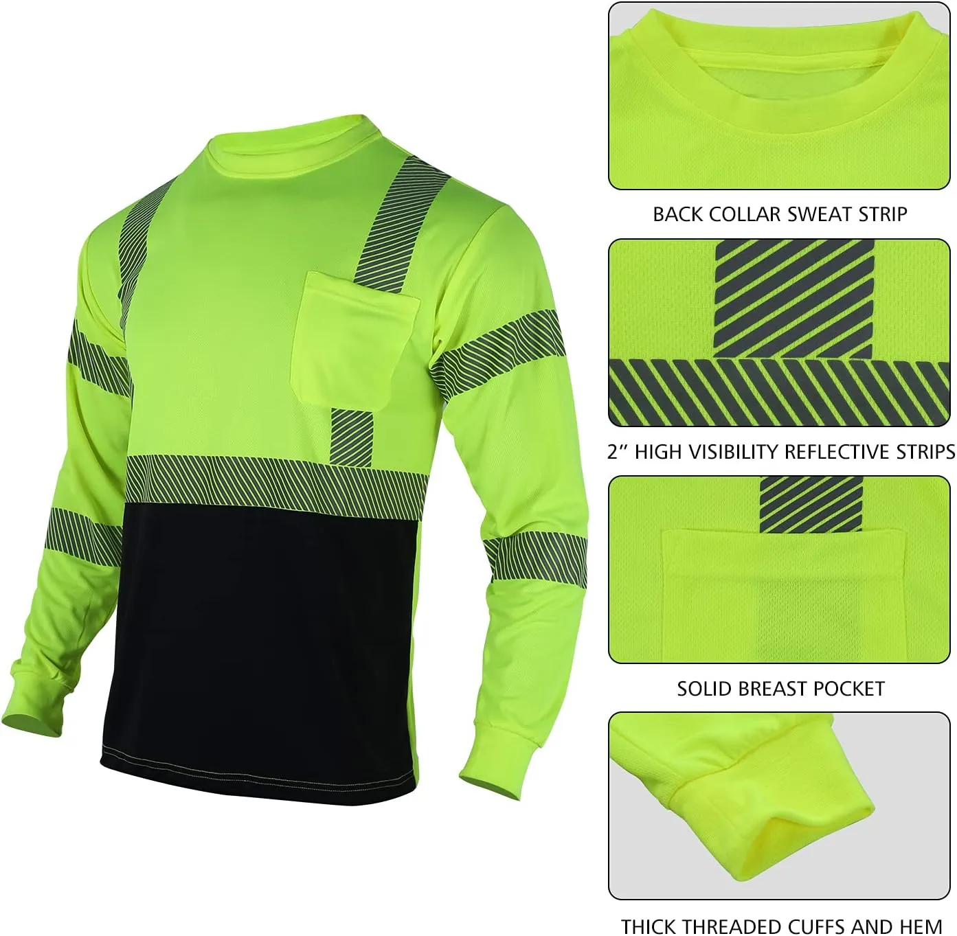 VENDACE Safety Reflective High Visibility Long Sleeve Shirts ANSI Class 3 Hi Vis Construction Work T Shirts for Men