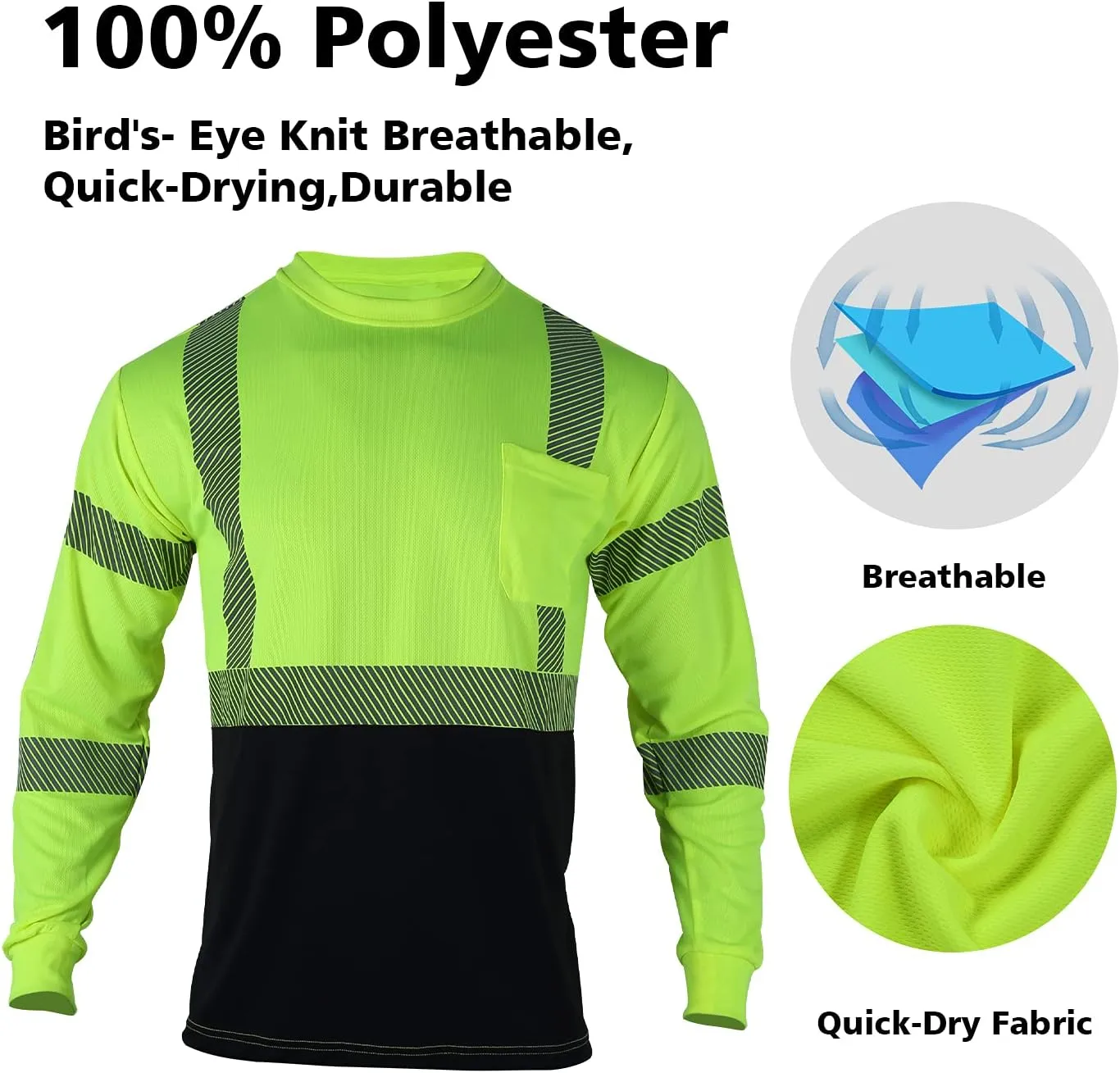 VENDACE Safety Reflective High Visibility Long Sleeve Shirts ANSI Class 3 Hi Vis Construction Work T Shirts for Men