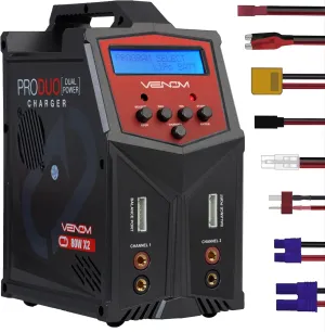 Venom Power Pro Duo LiPo Battery Charger - LCD Screen, Charging Leads - Balance Charger & Discharger for LiPo, LiHV, Li-Ion, Life, NiMH, NiCD, Pb Batteries - Power Supply for 1S- 6S, Drone & RC Cars