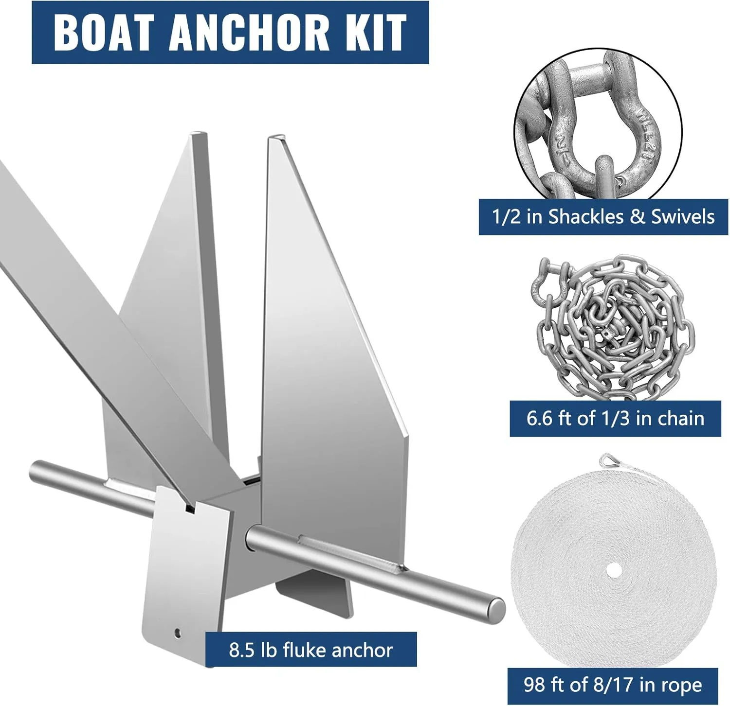 VEVOR Boat Anchor Kit 13 lb / 8.5 lbs Fluke Style Anchor, Hot Dipped Galvanized Steel Fluke Anchor, Marine Anchor with Anchor, Rope, Shackles, Chain for Boat Mooring on The Beach