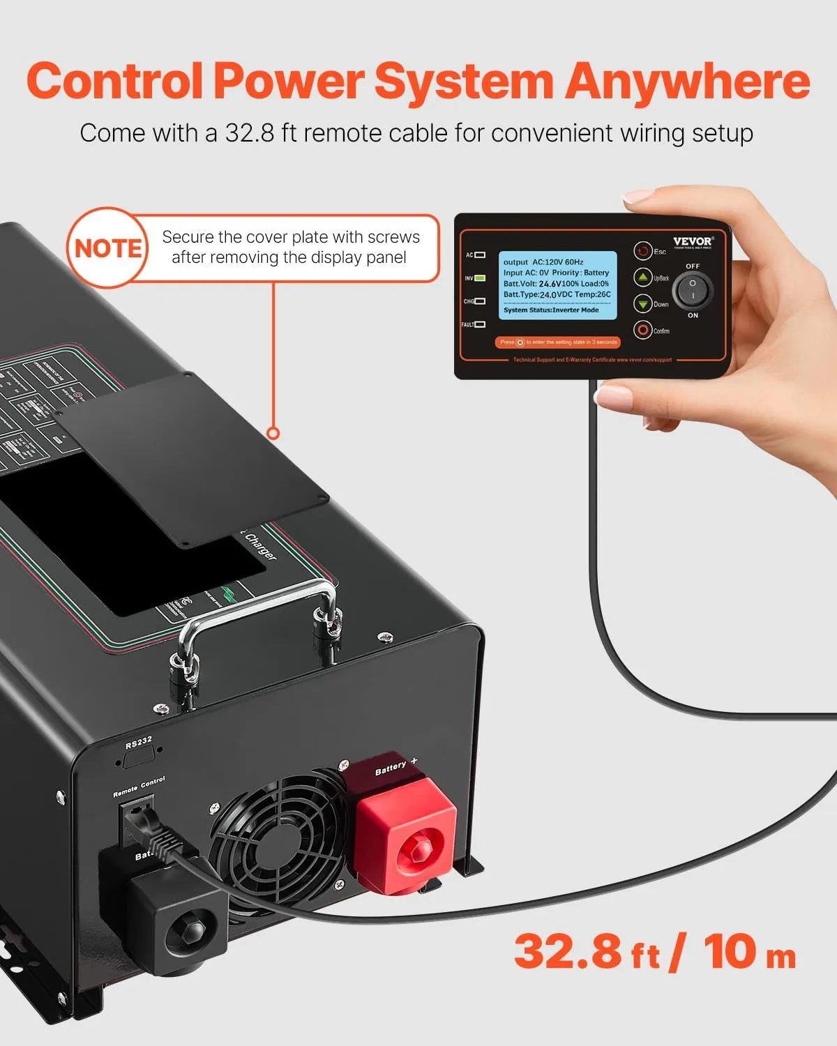 VEVOR Pure Sine Wave Inverter Charger, 5000 Watt, DC 24V to AC 120V, Battery Charger with LCD Display, Remote Control, Solar Inverter for Off-Grid Solar RV Boat Home, Compatible with Various Batteries