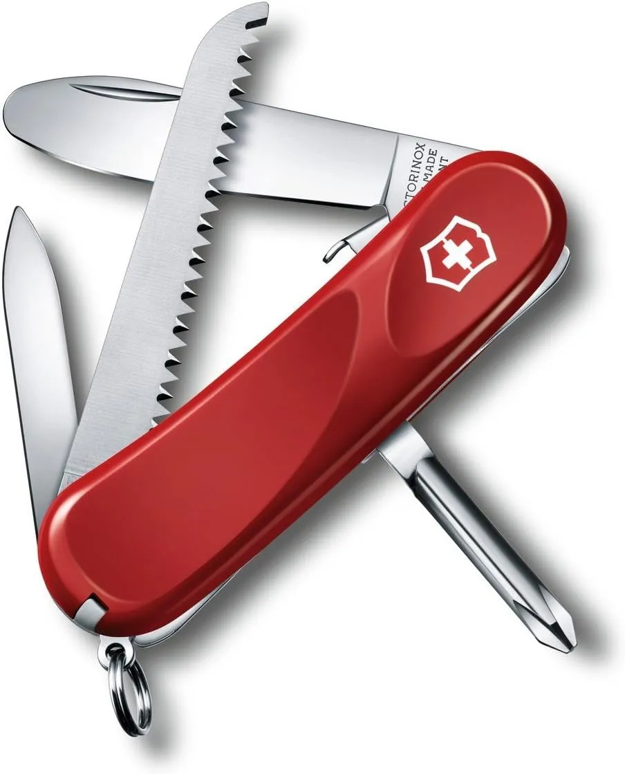 Victorinox Junior 09 Pocket Knife for Kids Swiss Army Knife, 8 Functions, Swiss Made Pocket Knife with Large Blade with Rounded Tip, Wood Saw - Red