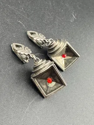 Vintage chrome Chinese lantern clip on drop earrings silver tone steel with red rhinestones