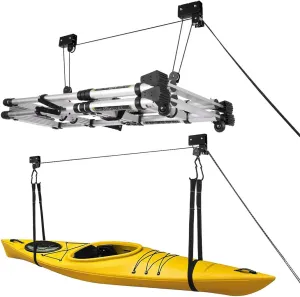 VIVOHOME Kayak Hoist 2-Pack Garage Storage Canoe Ladder Lift System with 125 lb Capacity Premium Pulley Hoisting for Overhead Ceiling Hanging