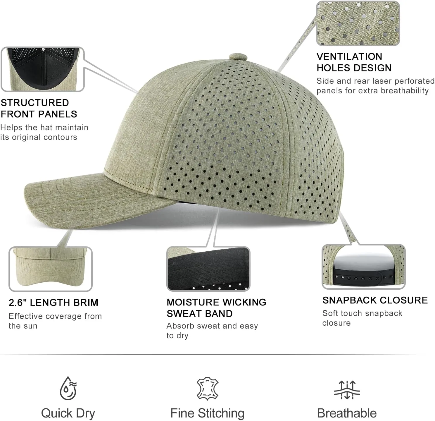 VOBOOM Men Snapback Trucker Hat, Baseball Cap for Breathable Side Laser Cut Holes