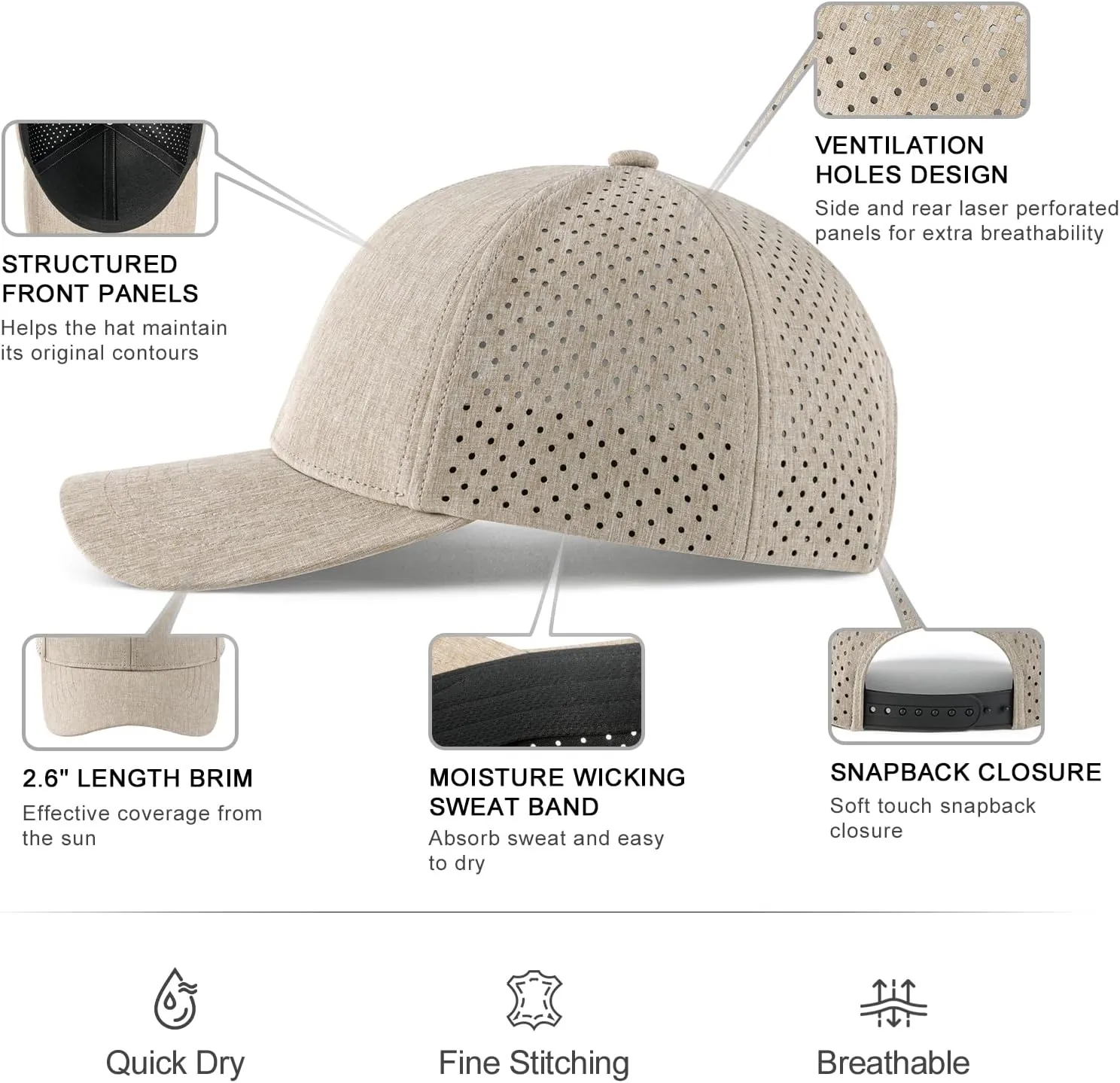 VOBOOM Men Snapback Trucker Hat, Baseball Cap for Breathable Side Laser Cut Holes