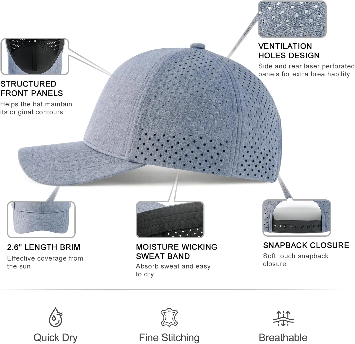 VOBOOM Men Snapback Trucker Hat, Baseball Cap for Breathable Side Laser Cut Holes