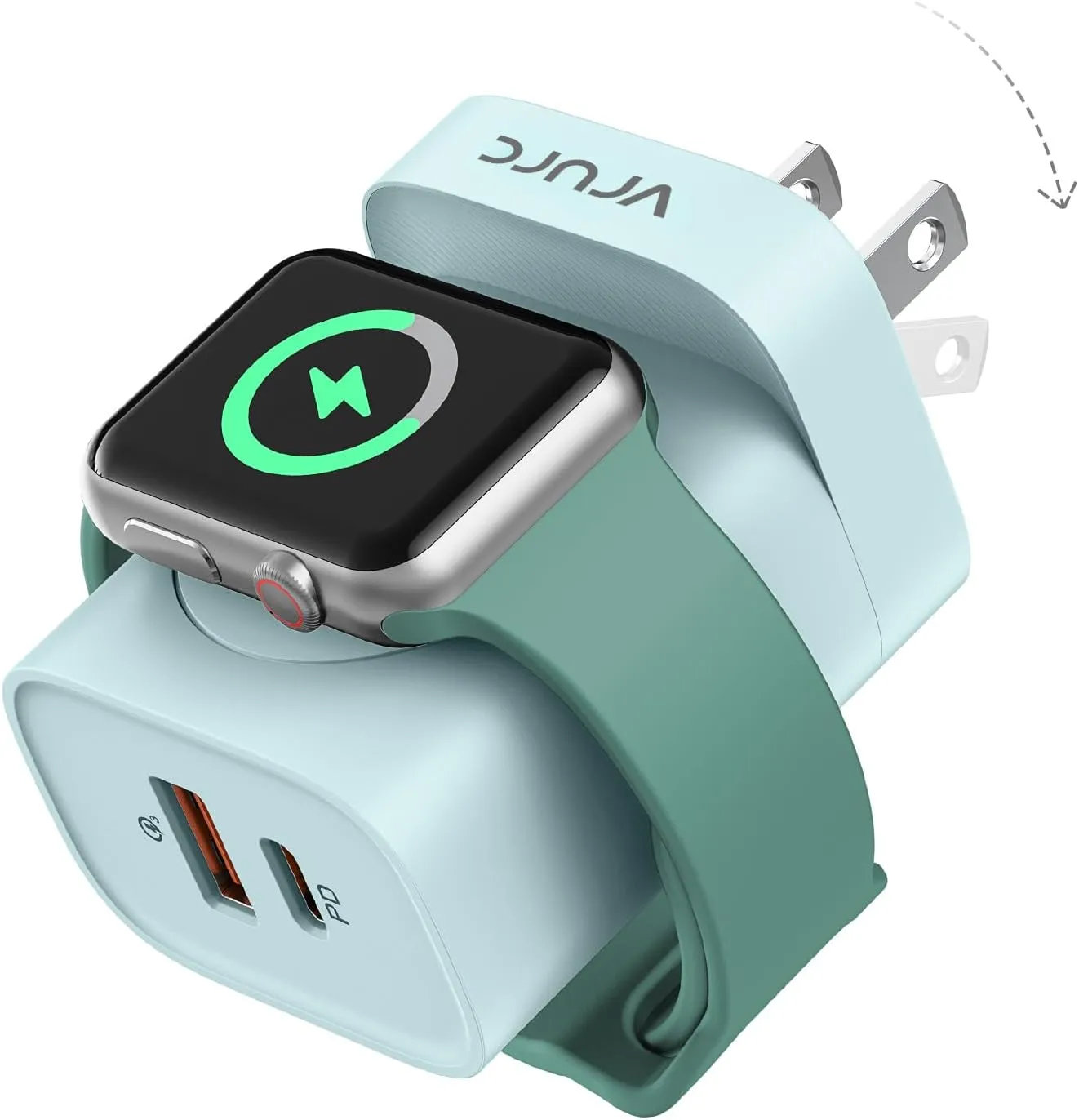 VRURC for Apple Watch Charger, Wireless Magnetic Portable iWatch Charger, PD 20W 3-in-1 Travel Essentials Fast Charging Block for iWatch Ultra/SE/10/9/8/7/6/5/4/3/2, iPhone 16/15/14/13,Android-Green