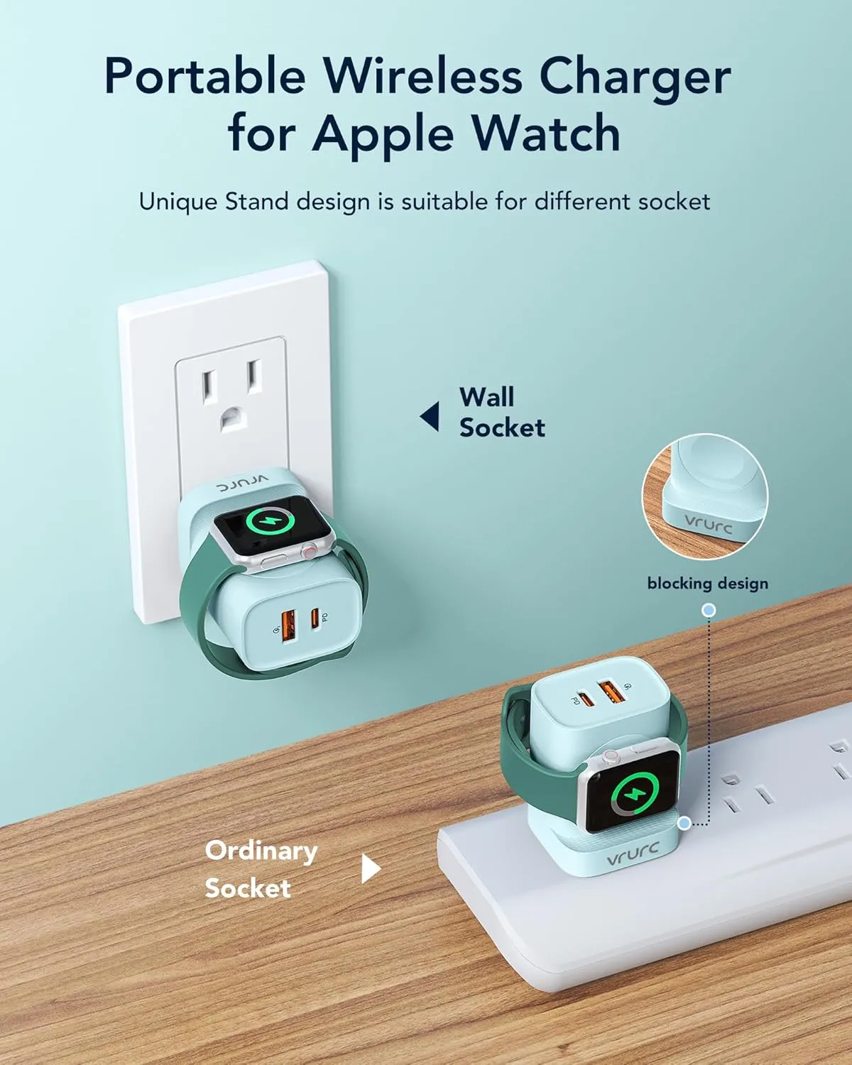 VRURC for Apple Watch Charger, Wireless Magnetic Portable iWatch Charger, PD 20W 3-in-1 Travel Essentials Fast Charging Block for iWatch Ultra/SE/10/9/8/7/6/5/4/3/2, iPhone 16/15/14/13,Android-Green