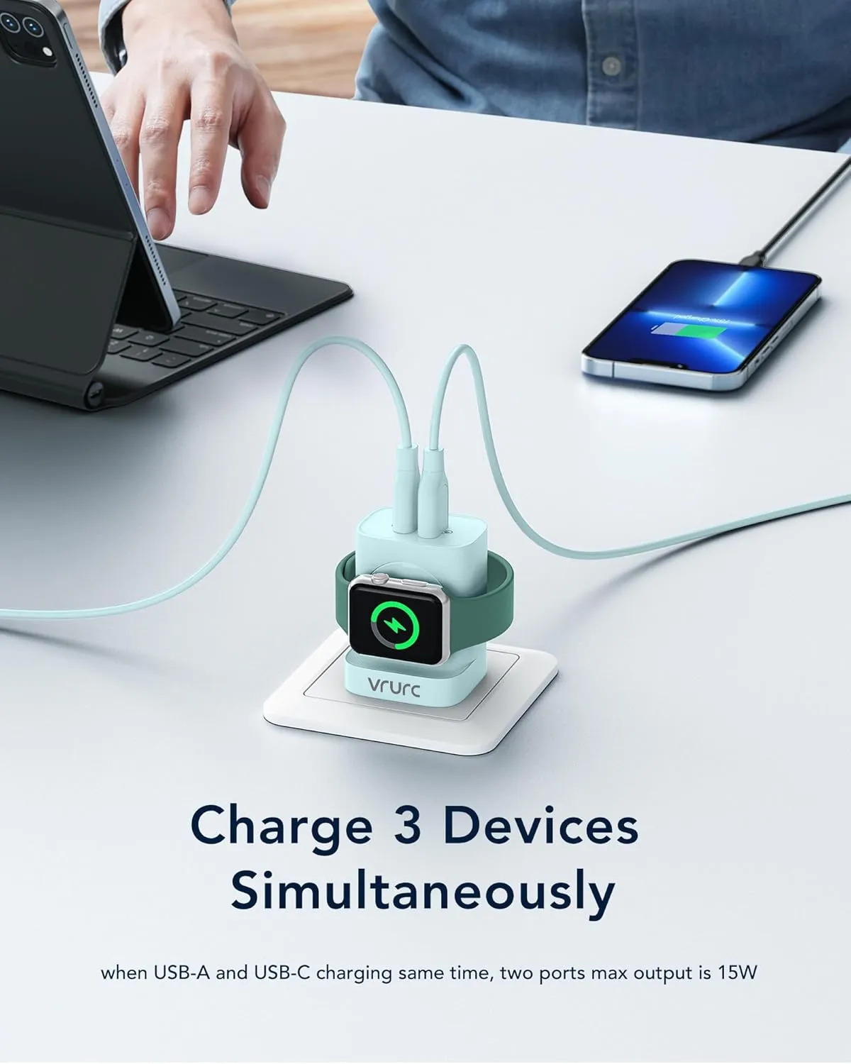 VRURC for Apple Watch Charger, Wireless Magnetic Portable iWatch Charger, PD 20W 3-in-1 Travel Essentials Fast Charging Block for iWatch Ultra/SE/10/9/8/7/6/5/4/3/2, iPhone 16/15/14/13,Android-Green
