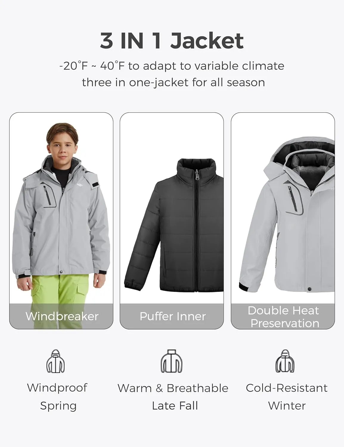 wantdo Boy's Ski Jacket Waterproof 3 in 1 Snow Coat Warm Fleece Winter Coat