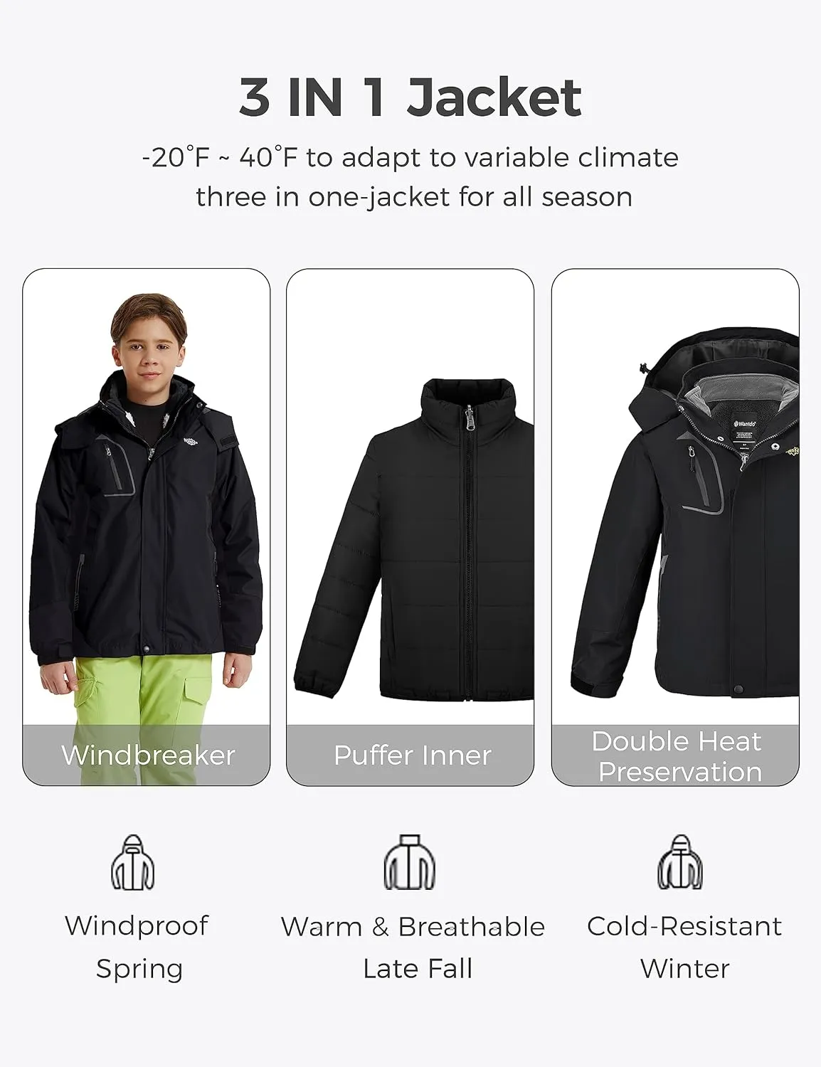 wantdo Boy's Ski Jacket Waterproof 3 in 1 Snow Coat Warm Fleece Winter Coat