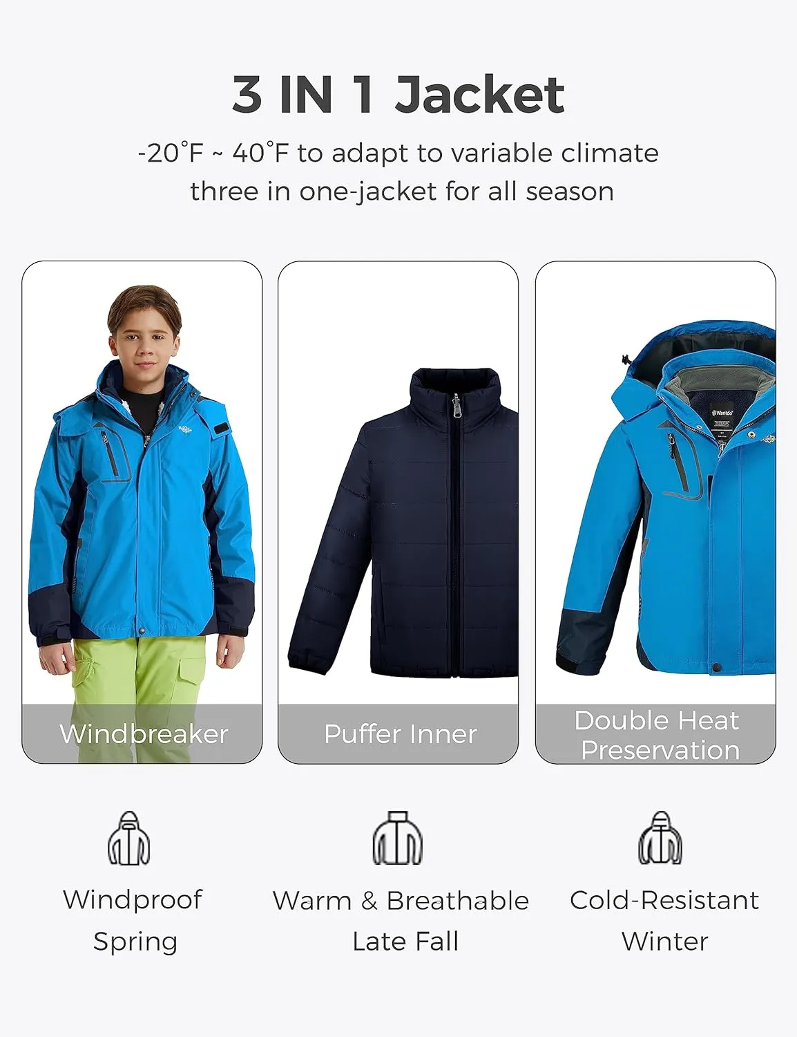 wantdo Boy's Ski Jacket Waterproof 3 in 1 Snow Coat Warm Fleece Winter Coat