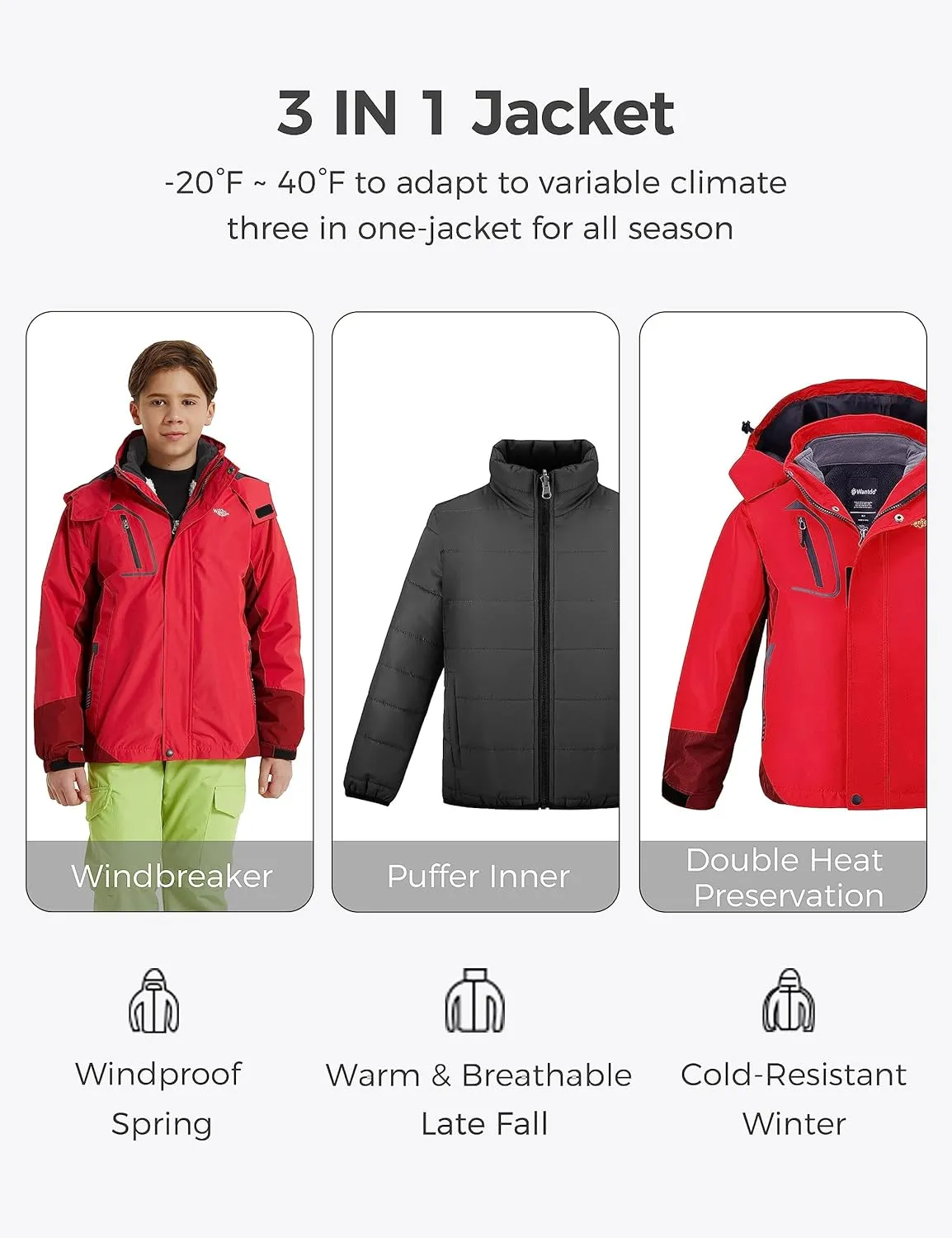 wantdo Boy's Ski Jacket Waterproof 3 in 1 Snow Coat Warm Fleece Winter Coat