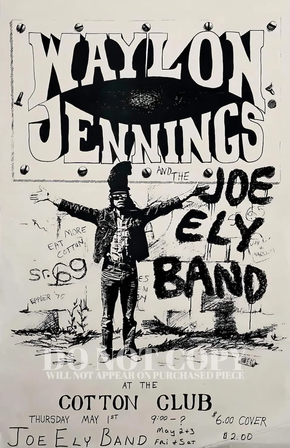 Waylon Jennings 1975 Vintage Concert Poster 11 X 17 - Joe Ely Band - Live - The Cotton Club - Legendary American Music - Outlaw Country - Original Artwork - Rare Art Print