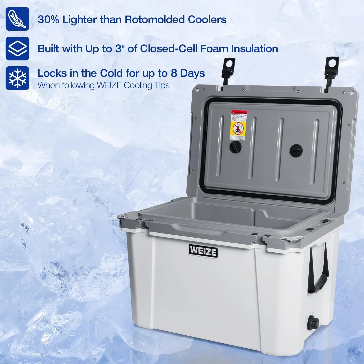 WEIZE Ultra-Light 55 Quart Hard Cooler Insulated Portable Ice Chest Box with Bottle Opener, Keeps Cold up to 8 Days for Beach, Drink, Beverage, Camping, Picnic, Fishing, Boat, Barbecue