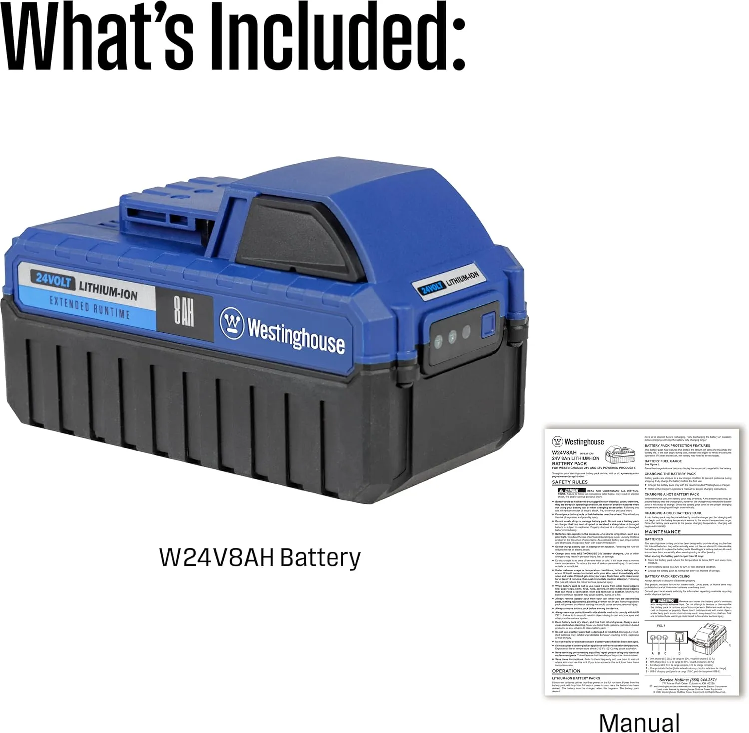 Westinghouse W24V8AH 24 Volt 8Ah Lithium-ion Battery, Compatible with All 24V Cordless Snow Shovels & 48V Cordless Snow Blowers (WSnow11S 24V, WSnow13S 24V, WSnow18 48V, WSnow22 48V)