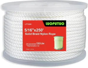 White Nylon Rope High UV and Abrasion Resistance, Multipurpose Tightly Braided Rope, 5/16 Inch 250 Foot Spool | Solid Braid - Industrial Grade - Low Stretch, Flag Pole, Clothes line