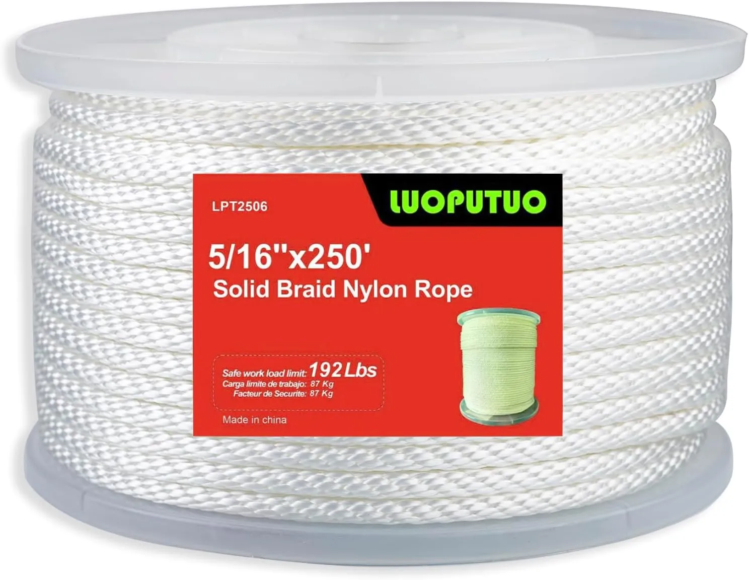 White Nylon Rope High UV and Abrasion Resistance, Multipurpose Tightly Braided Rope, 5/16 Inch 250 Foot Spool | Solid Braid - Industrial Grade - Low Stretch, Flag Pole, Clothes line